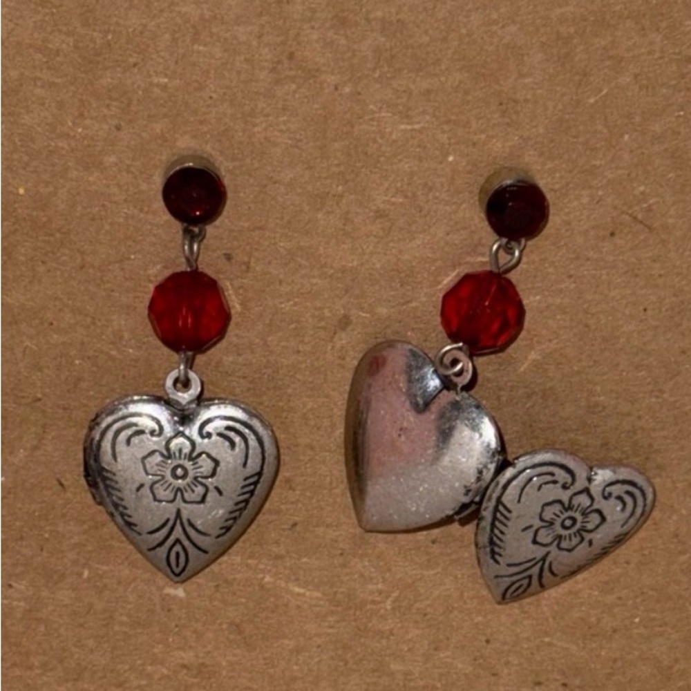 Vintage Heart Locket Dangle Stud Earrings Silver Tone with Red Beads
